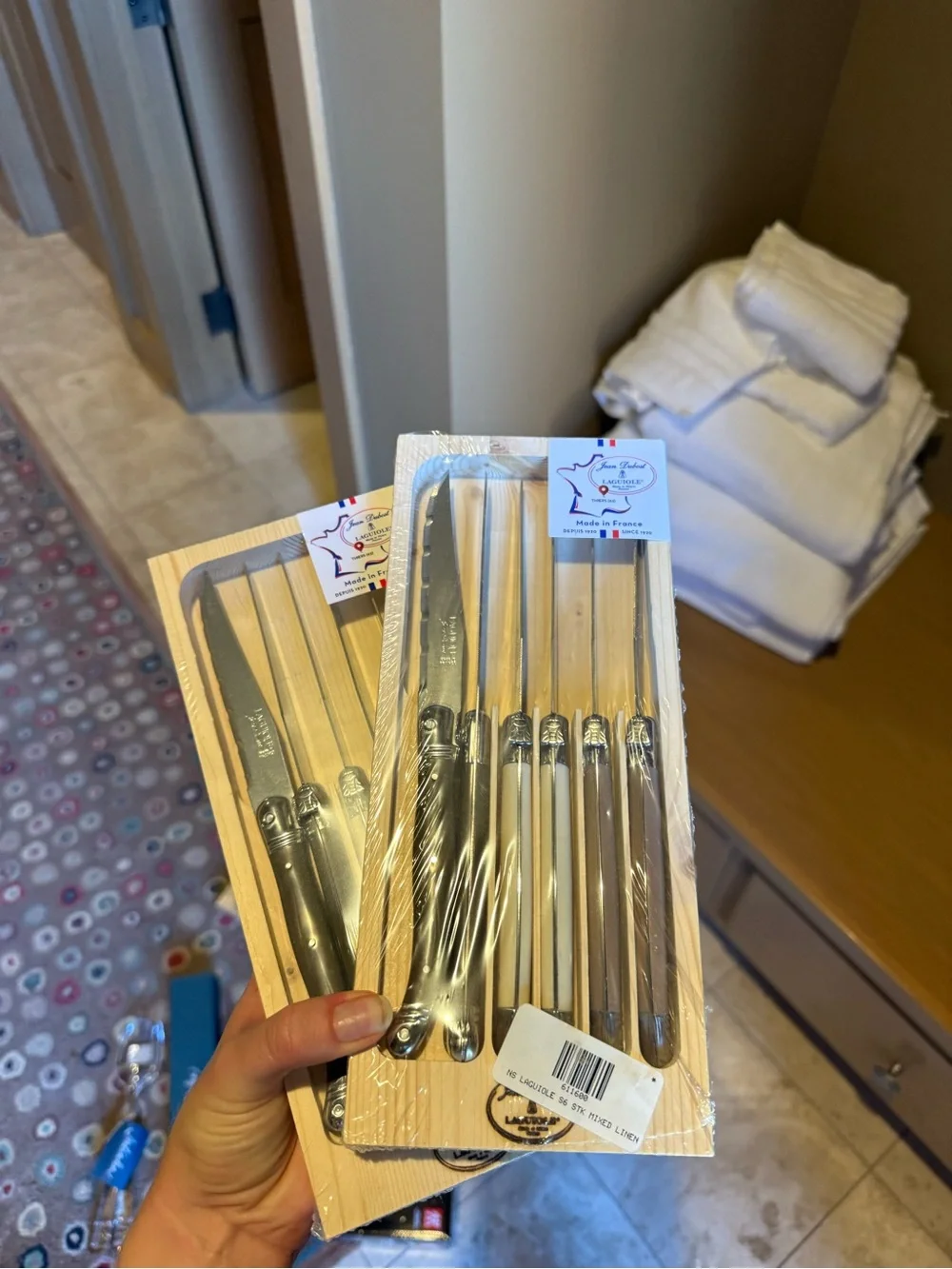 Jean dubost Laguiole steak knives, mixed linen colorway